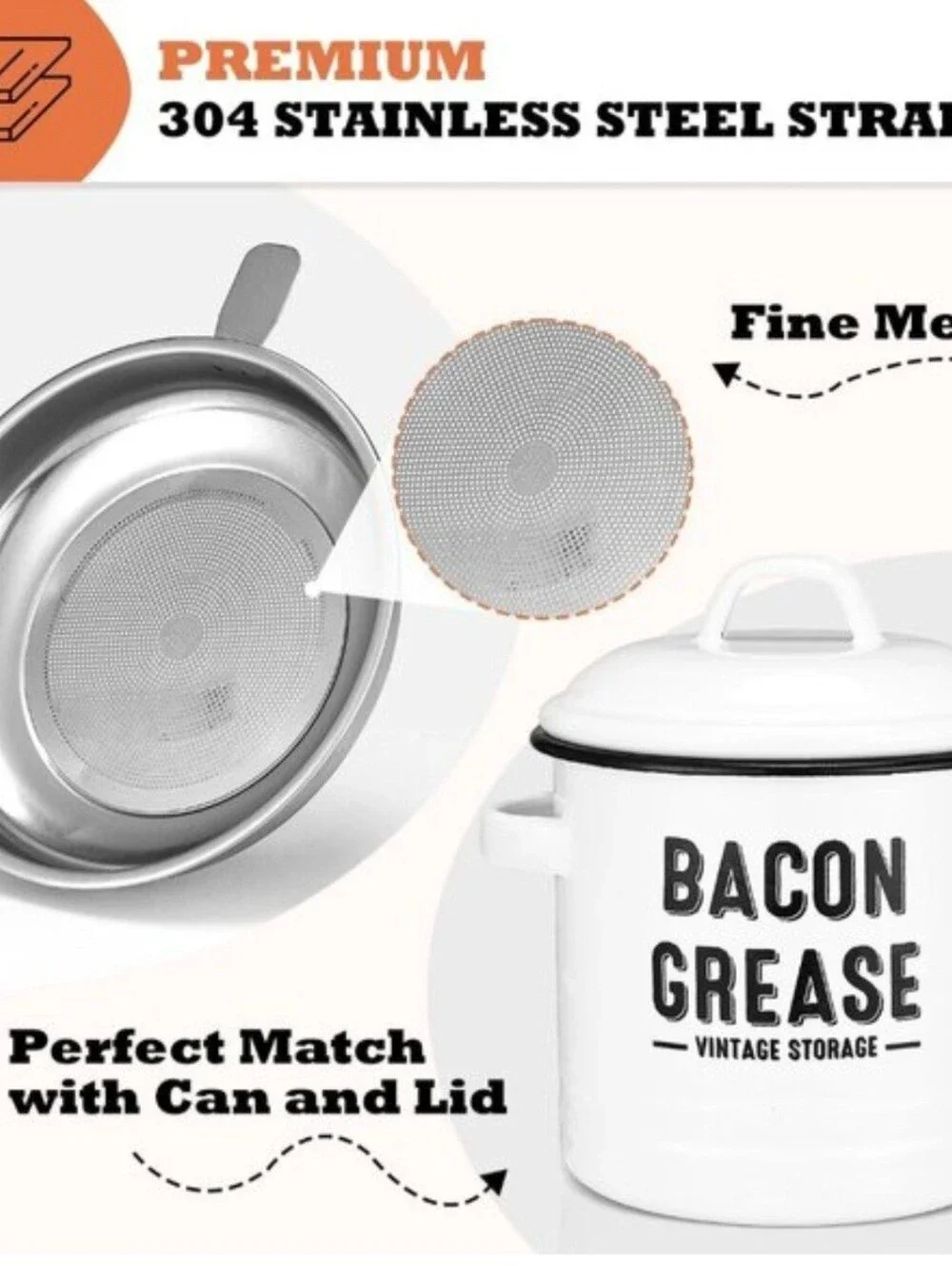 Large Enamel Bacon Grease Container With Metal Mesh Strainer And Lid